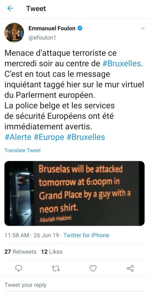 Tweet from Emmanuel Foulon informing about the  Brussels Terror warning alert
