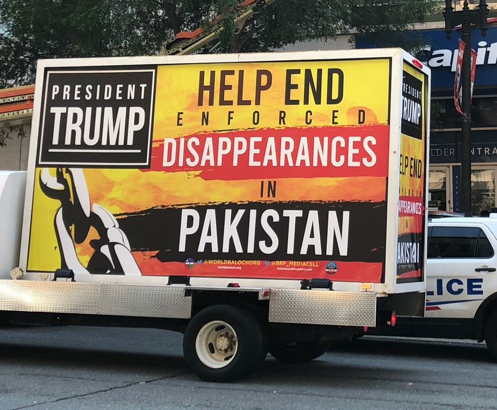 Banners appearing in US to appeal President Trump to help end Enforced Disappearances in Pakistan