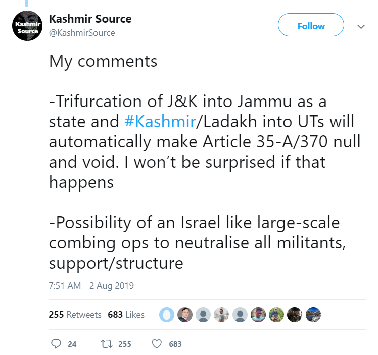 Tweet from Twitter user "Kashmir Source" giving options how can India fix Kashmir issue.
