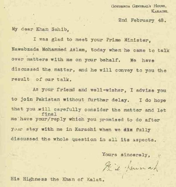 Letter from Jinnah to Khan of Kalat