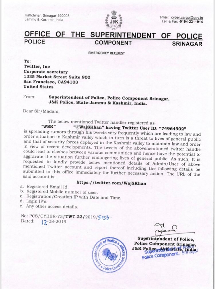 Complaint Made to Twitter by CRPF India against WajSKhan for spreading rumors through his tweets