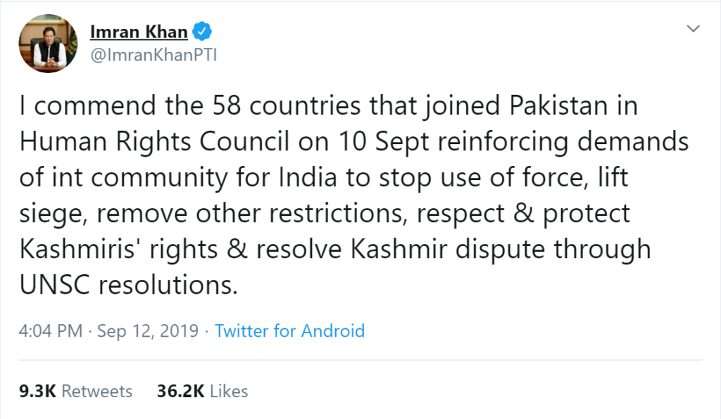 Pakistan Prime Minister Imran Khan talking about 58 countries while UN Human Rights Council has 47 members