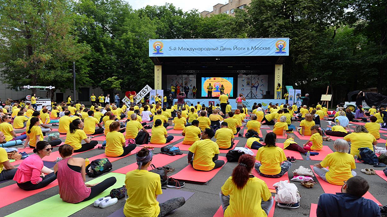International Yoga Day:  Moscow - People perform Yoga irrespective of Religion.  