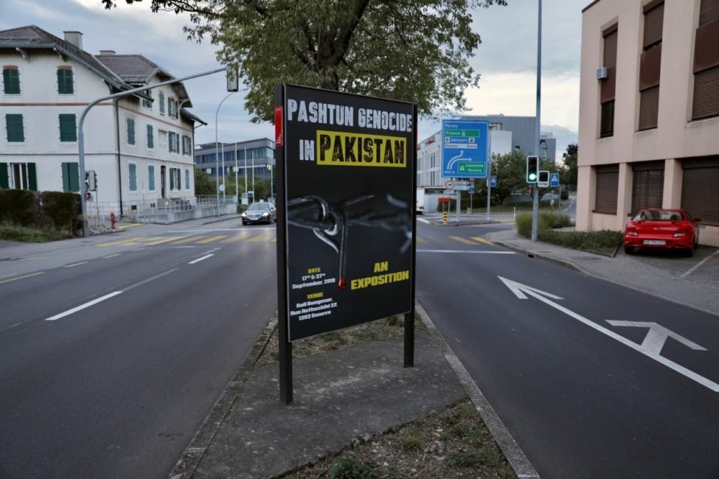 Banners all over Geneva to expose Pashtun Genocide in Pakistan by Pakistan Army