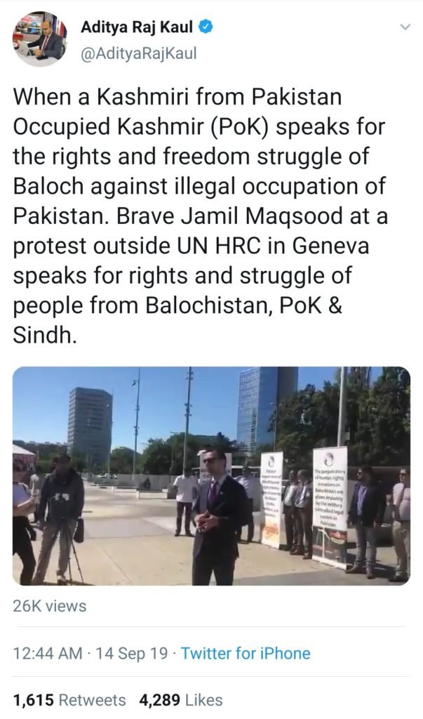 Aditya Raj Kaul, an Indian Journalist tweeted about Jamil Maqsood at a protest outside UN Human Rights Conference in Geneva 