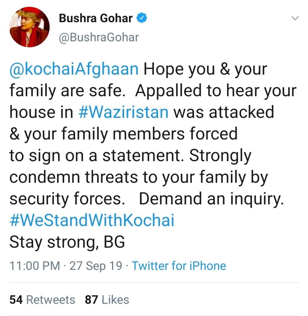 Bushra Gohar appalled to hear the news of family of Human Rights Activist, a Pashtun Muslim Kochai Lewanai attacked by Pakistan Army proxies