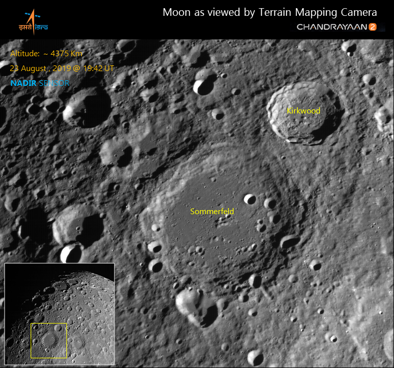 ISRO Space Mission: Lunar surface imaged by Terrain Mapping Camera 2 (TMC-2) on 23rd August 2019 at an altitude of ~4375 km showing impact craters such as Sommerfeld and Kirkwood.