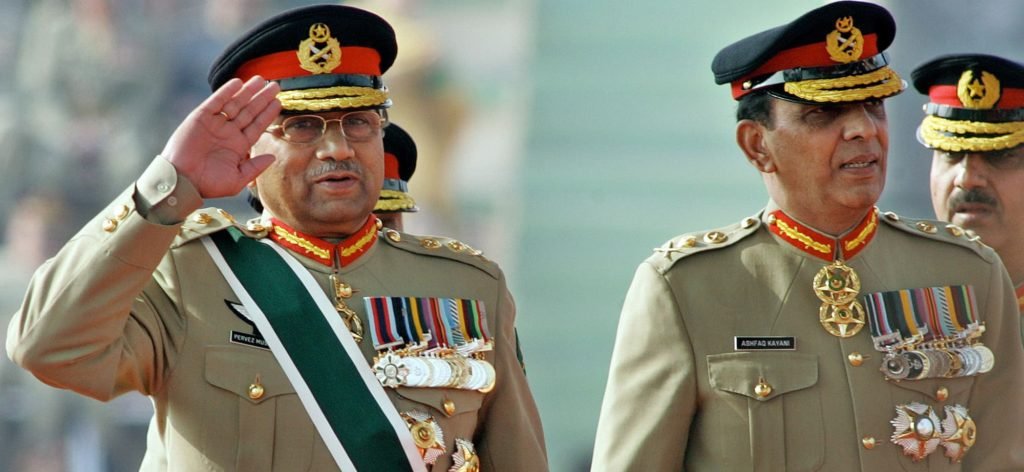  On November 28, 2007, then Pakistani President Pervez Musharraf (L) salutes as he arrives with then newly appointed army chief General Ashfaq Kiyani during the change of command ceremony in Rawalpindi 