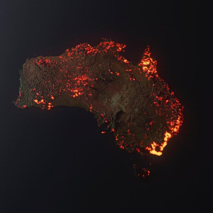 View of burning Australia from Space as per pictures released by NASA