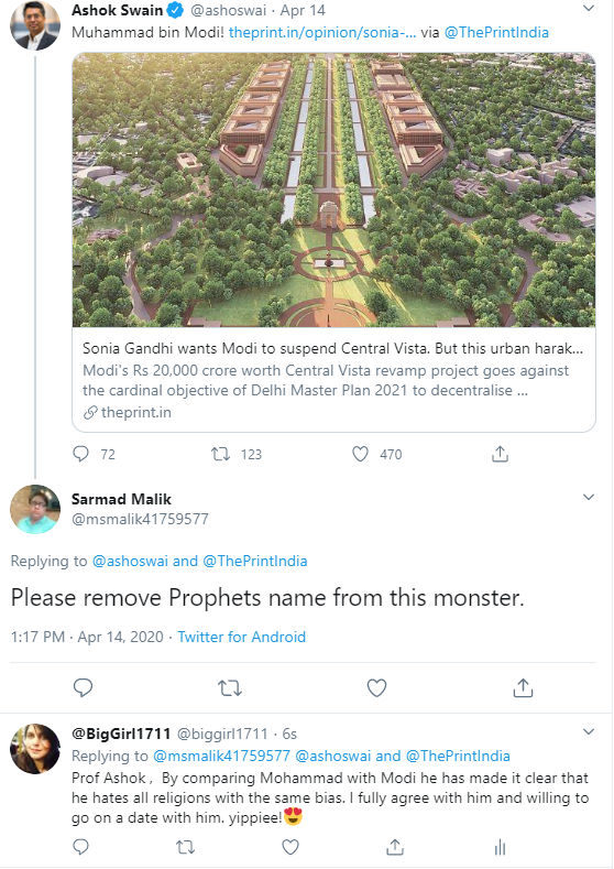 Is Ashok Swain Anti-Muslim?: An offensive tweet by Ashok Swain where he compared Indian PM Narendra Modi to Muhammad PBUH